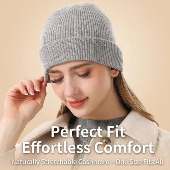 ⚡Women Grey 100% Pure Mongolian Cashmere Knit Hat Ultra Soft Winter Beanie - Picture 3 of 8